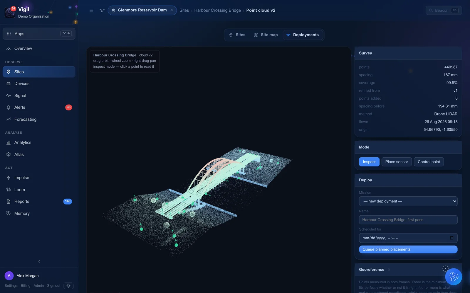 A 3D survey of a bridge with planned node positions