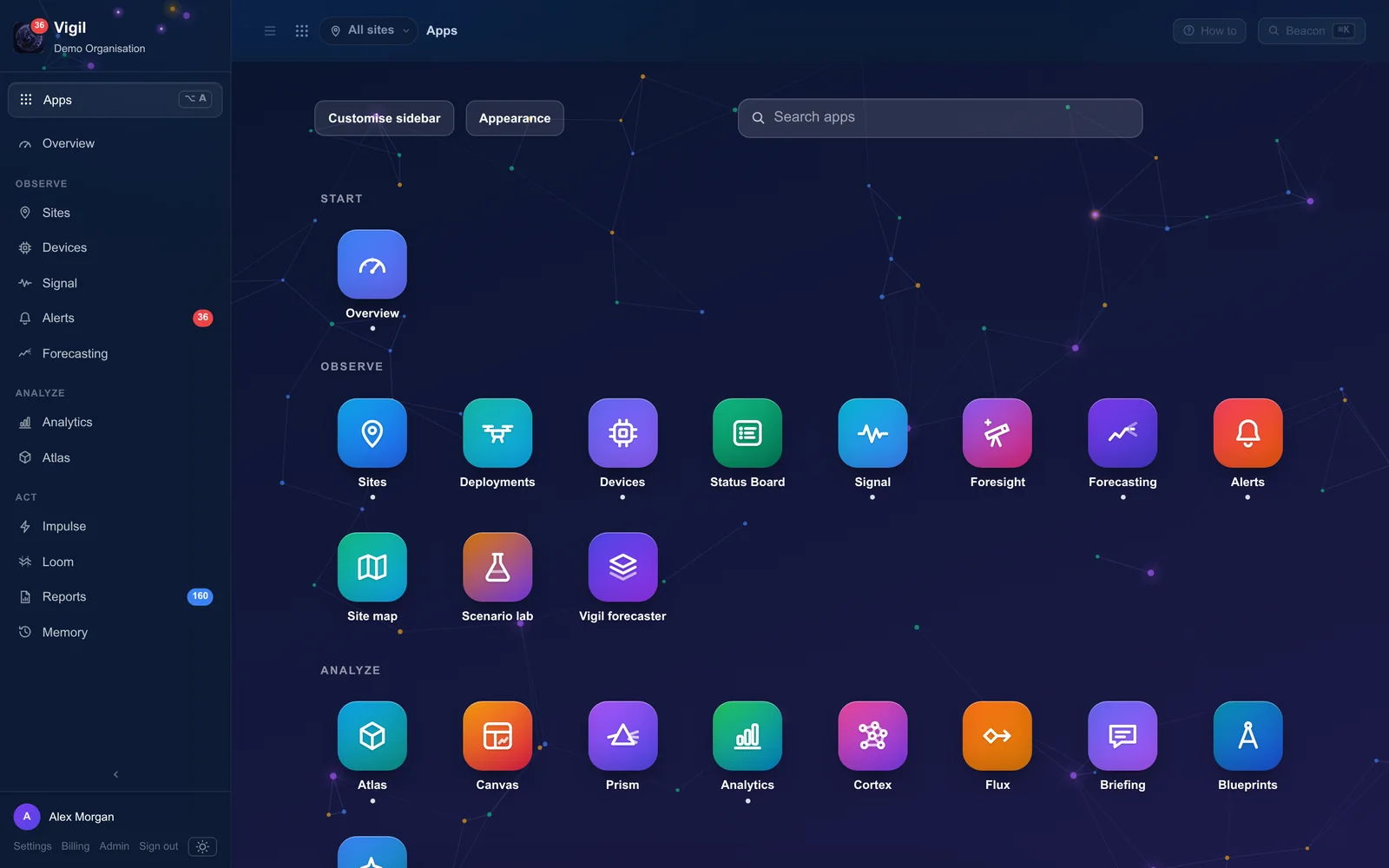 The Launchpad: every app on the Vigil platform as a tile